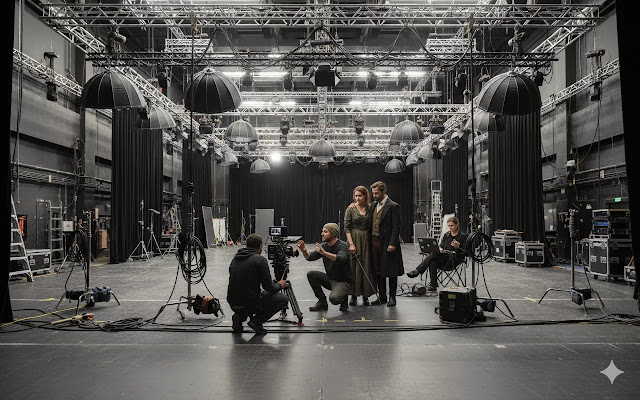 Actors and director collaborating during a scene, showing the complex dynamics of intimate filmmaking