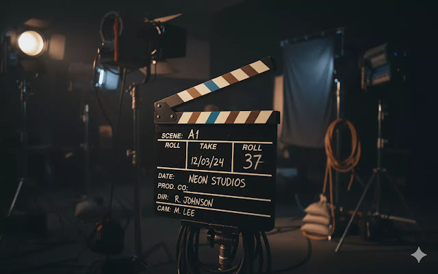 A clapperboard on a movie set symbolizing Hollywood’s evolving safety practices