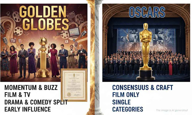 Golden Globe and Oscar statuettes side by side representing differences between the awards shows