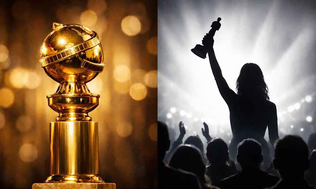 Meryl Streep holding a Golden Globe award on stage