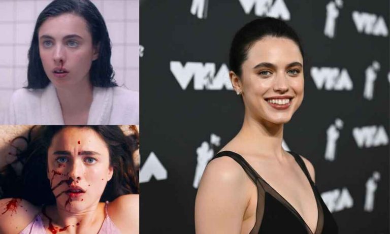 Side-by-side comparison of Margaret Qualley: left shows a polished red carpet look in a lace gown; right shows her distorted, prosthetic-heavy appearance as Sue in the movie The Substance.