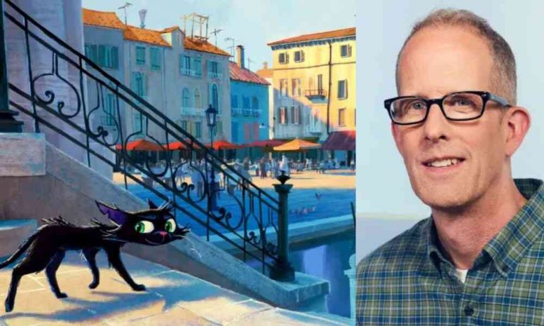 Pixar’s Gatto concept art showing a hand-painted animation style cat walking through Venice canals